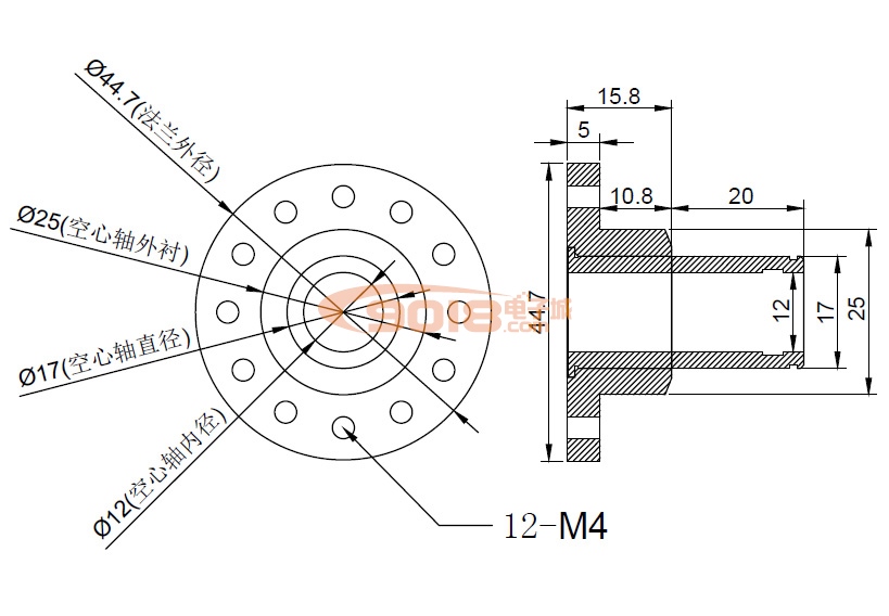 法蘭盤T型空心軸 無刷電機中空軸 不銹鋼軸 帶卡簧槽彈性擋圈